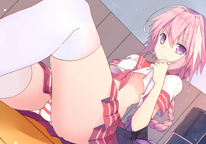 astolfo_(fate) black_bow bow braid breasts fate/apocrypha fate/grand_order fate_(series) hair_bow highres large_breasts long_hair male_focus menghuan_tian multicolored_hair neckerchief otoko_no_ko panties pink_eyes pink_hair red_neckwear red_panties red_skirt school_uniform serafuku skirt solo striped striped_panties thighhighs underwear white_hair white_legwear white_panties