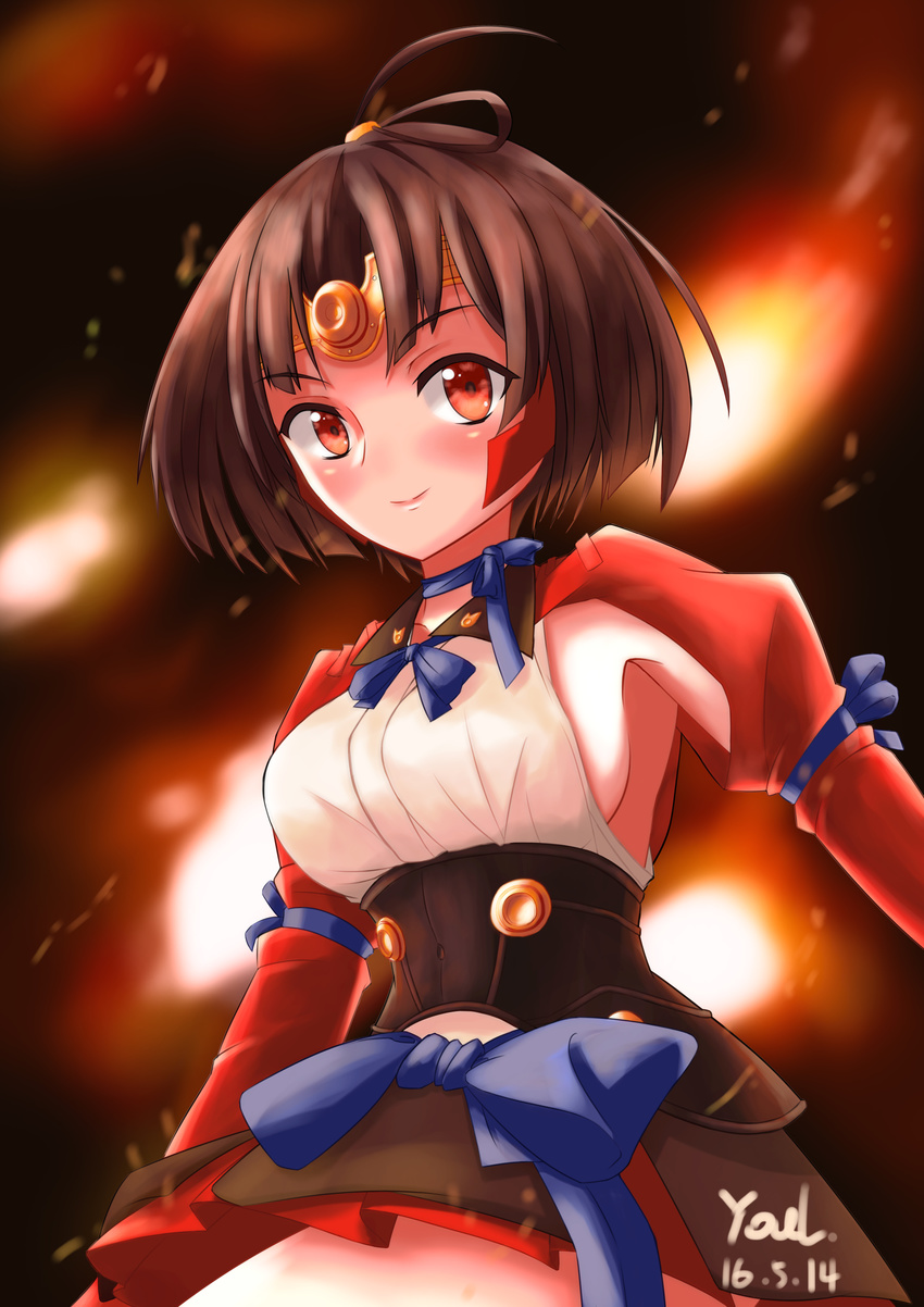 absurdres artist_name blush breasts brown_hair closed_mouth dated eyebrows_visible_through_hair highres koutetsujou_no_kabaneri large_breasts looking_at_viewer mumei_(kabaneri) red_eyes short_hair sideboob smile solo youl