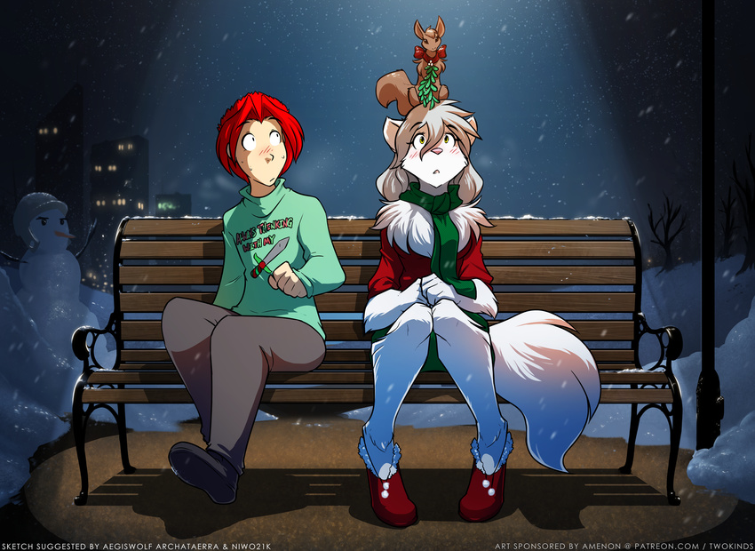 2017 anthro bench blush bow brown_fur canine chest_tuft christmas clothed clothing database_error_(twokinds) duo_focus english_text female fur group hair holidays human keidran looking_up male mammal mistletoe on_head outside plant raine_(twokinds) red_hair ribbons rodent scarf sitting size_difference snowman squirrel text tom_fischbach tuft twokinds webcomic white_fur winter wolf