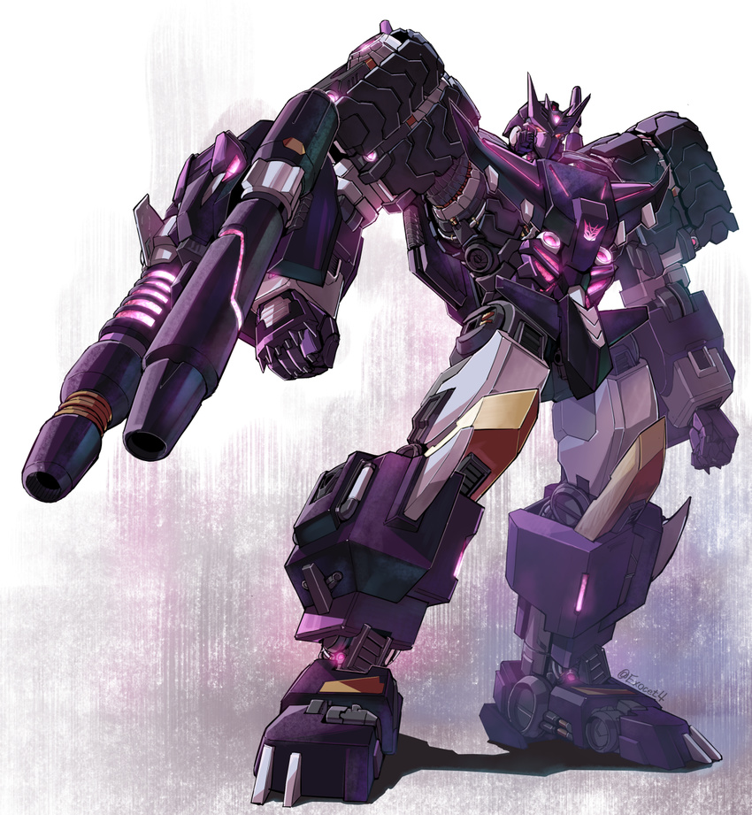 arm_cannon badge cannon decepticon energon exocet glowing glowing_eyes highres insignia machinery mecha no_humans red_eyes robot science_fiction solo tarn transformers weapon