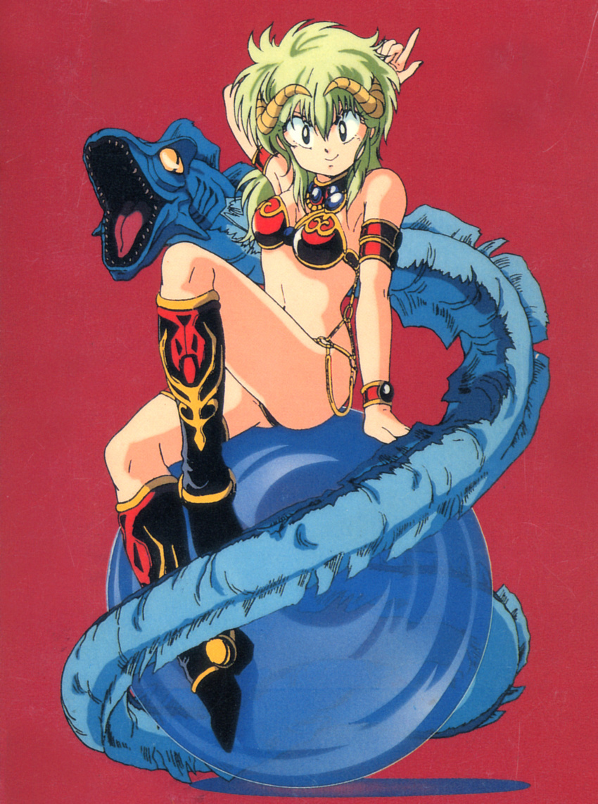 80s arm_up armlet armor bikini_armor boots bracelet green_hair hand_behind_head highres horns jewelry kahm long_hair looking_at_viewer manabe_jouji monster official_art oldschool outlanders red_background simple_background sitting smile solo sphere