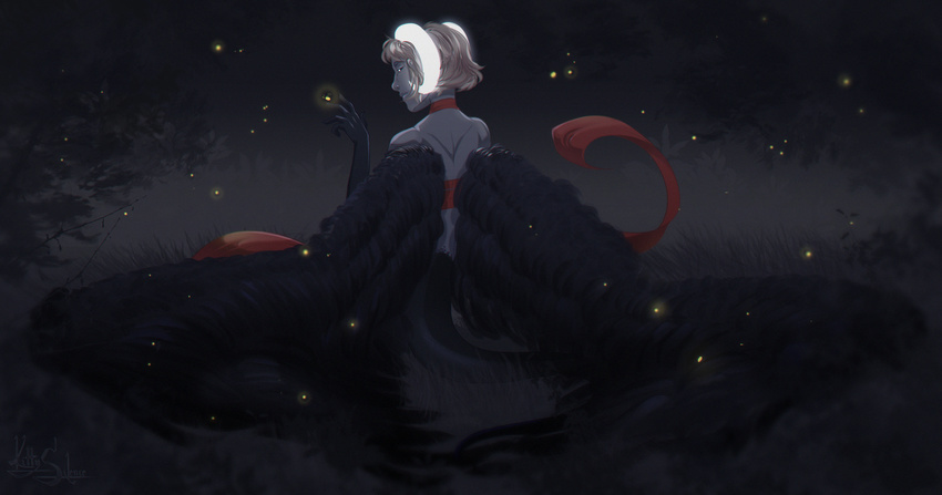 black_feathers demon feathered_wings feathers female hi_res kitty_silence night outside smile solo tan_hair wings