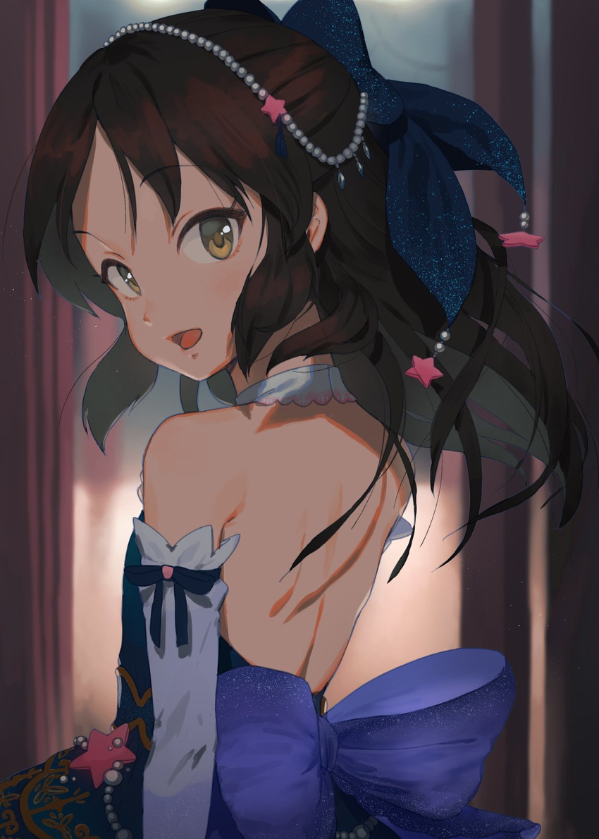 backless_dress backless_outfit bare_back blue_dress blush bow brown_eyes brown_hair circlet commentary daifukumochi_(qquuiieett) detached_collar detached_sleeves dress hair_bow half_updo highres idolmaster idolmaster_cinderella_girls long_hair looking_at_viewer looking_back print_bow smile solo star starry_sky_print strapless strapless_dress tachibana_arisu