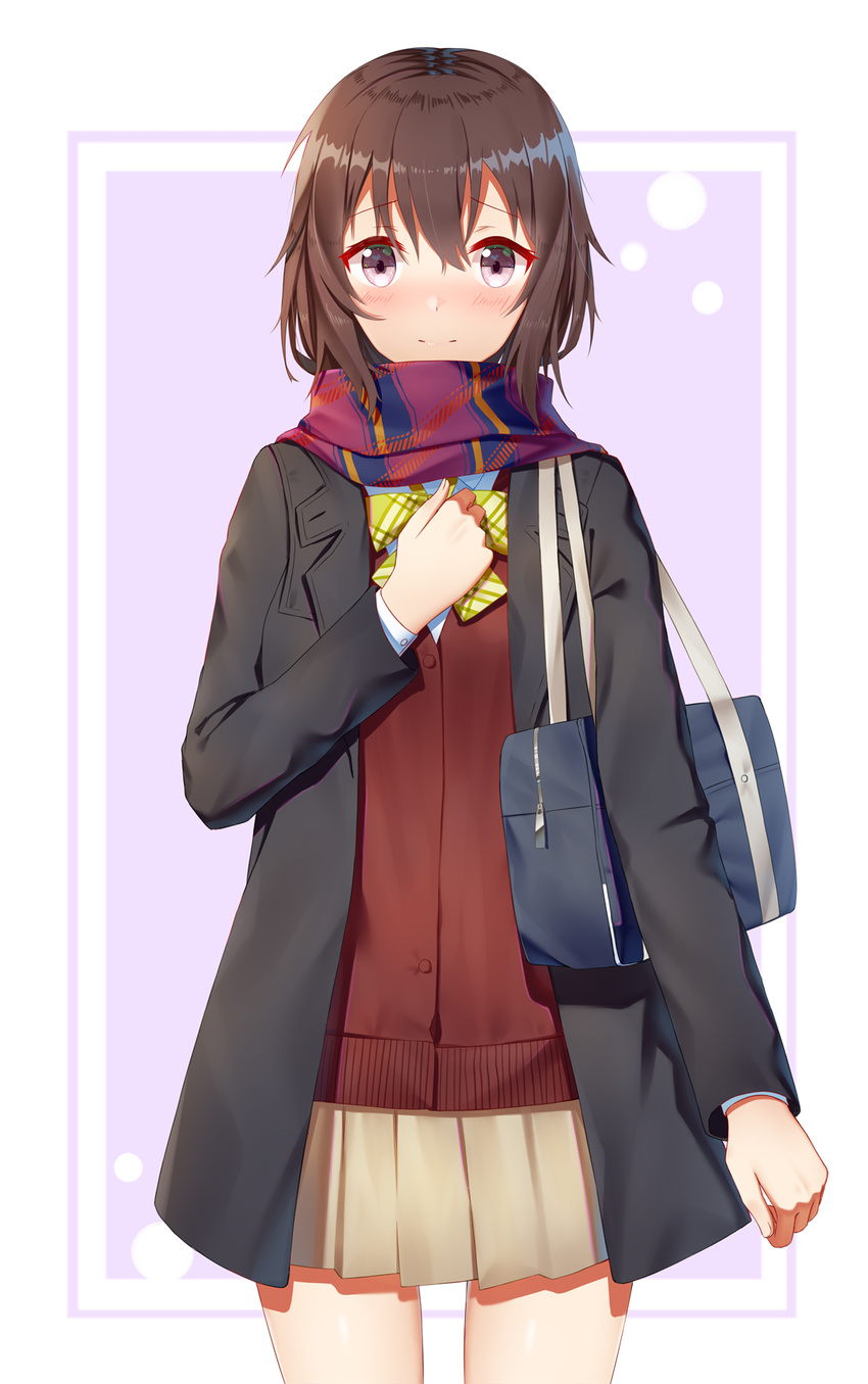 bag blush brown_hair brown_skirt closed_mouth eyebrows_visible_through_hair gamers! hand_on_own_chest highres hoshinomori_chiaki ji_dao_ji looking_at_viewer pink_eyes scarf school_bag short_hair skirt smile solo