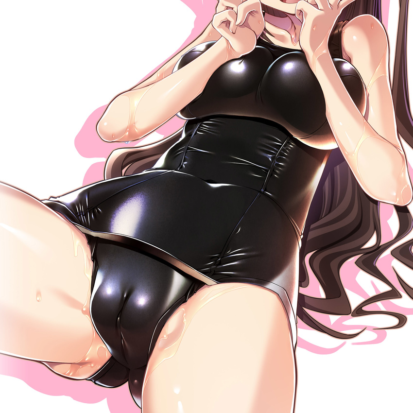 absurdres ass breasts brown_hair cameltoe covered_navel fat_mons highres idolmaster idolmaster_cinderella_girls large_breasts long_hair lotion one-piece_swimsuit open_mouth sakuya_tsuitachi school_swimsuit shimamura_uzuki shiny_swimsuit skin_tight solo spread_legs swimsuit