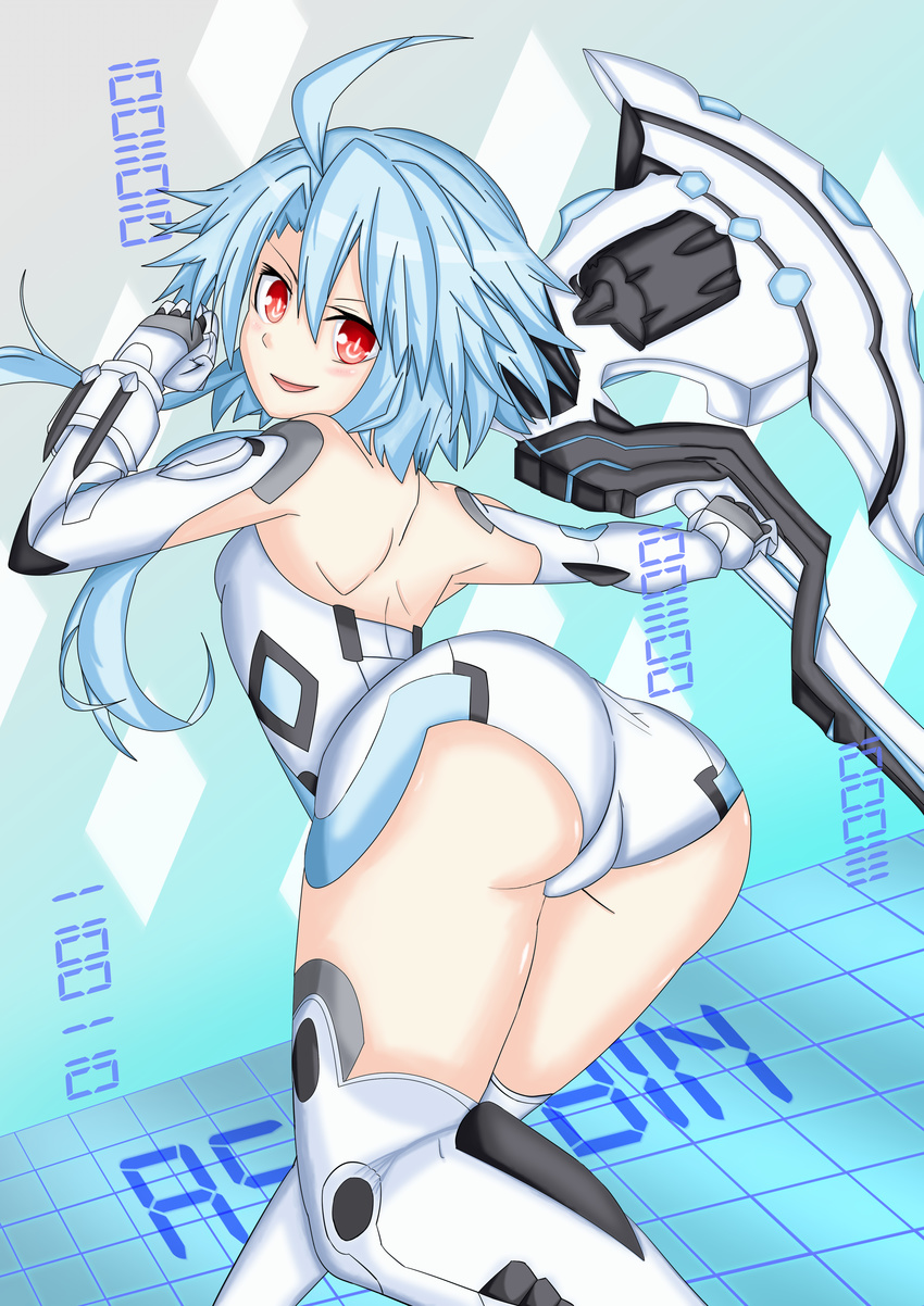 :d absurdres ass axe bare_shoulders battle_axe blue_background blue_hair clenched_hand elbow_gloves en from_behind gene_(gear_gene) gloves highres holding holding_weapon leotard looking_at_viewer looking_back neptune_(series) number open_mouth power_symbol red_eyes rhapsofree short_hair short_hair_with_long_locks smile solo symbol-shaped_pupils thighhighs thighs weapon white_heart
