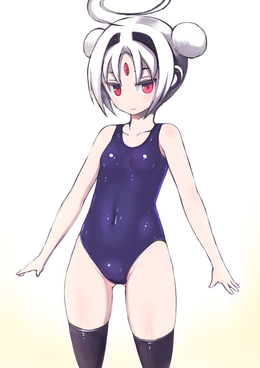 ahoge alternate_hair_length alternate_hairstyle breasts commentary_request covered_navel double_bun forehead_jewel highres huge_ahoge johan_(johan13) one-piece_swimsuit red_eyes short_hair small_breasts solo swimsuit thighhighs under_night_in-birth vatista white_hair