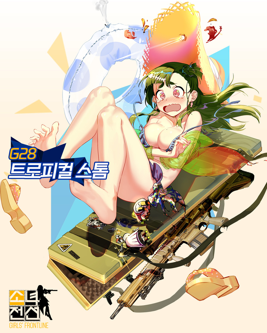 ar-10 assault_rifle bare_legs barefoot battle_rifle bikini blush breast_hold breasts bullet_hole case cleavage collarbone crying crying_with_eyes_open earrings embarrassed feet fish_earrings floral_print frilled_bikini_top frills full_body g28_(girls_frontline) girls_frontline green_hair green_jacket gun gun_case hat hat_ribbon heckler_&amp;_koch highres hk416 hk416_(girls_frontline) hk417 innertube jacket jewelry large_breasts long_hair mole mole_on_breast official_art one_side_up orange_eyes ribbon rifle sandals sandals_removed sticker straw_hat sun_hat swimsuit tearing_up tears transparent_jacket untied untied_bikini ushi_(newrein) wavy_mouth weapon white_ribbon