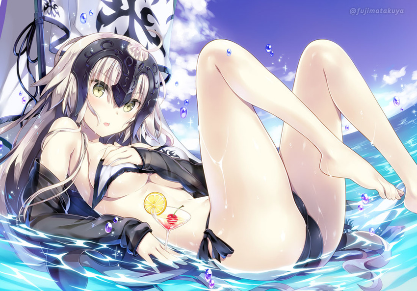 bangs barefoot bikini black_bikini blush breasts cocktail cocktail_glass commentary_request cup day drinking_glass eyebrows_visible_through_hair fate/grand_order fate_(series) fisheye food fruit fujima_takuya green_eyes grey_hair headpiece jeanne_d'arc_(alter)_(fate) jeanne_d'arc_(fate)_(all) knees_up large_breasts legs lemon lemon_slice long_hair looking_at_viewer lying ocean on_back outdoors parted_lips plantar_flexion solo standard_bearer swimsuit thighs tropical_drink twitter_username underboob white_bikini