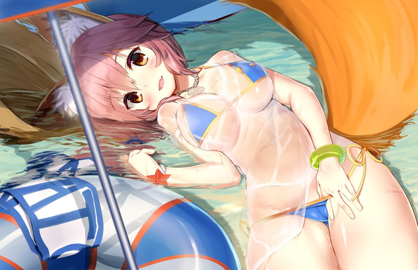 :d animal_ears beach_umbrella bikini bikini_pull blue_bikini blush bracelet breasts brown_eyes cameltoe cleavage covered_navel eyebrows_visible_through_hair fang fate/grand_order fate_(series) fox_ears fox_tail hair_between_eyes hat hat_removed headwear_removed innertube jewelry kagome_(traumatize) large_breasts looking_at_viewer lying necklace on_side open_mouth partially_submerged pink_hair see-through shirt side-tie_bikini smile solo straw_hat swimsuit tail tamamo_(fate)_(all) tamamo_no_mae_(fate) tamamo_no_mae_(swimsuit_lancer)_(fate) umbrella wet wet_clothes wet_shirt