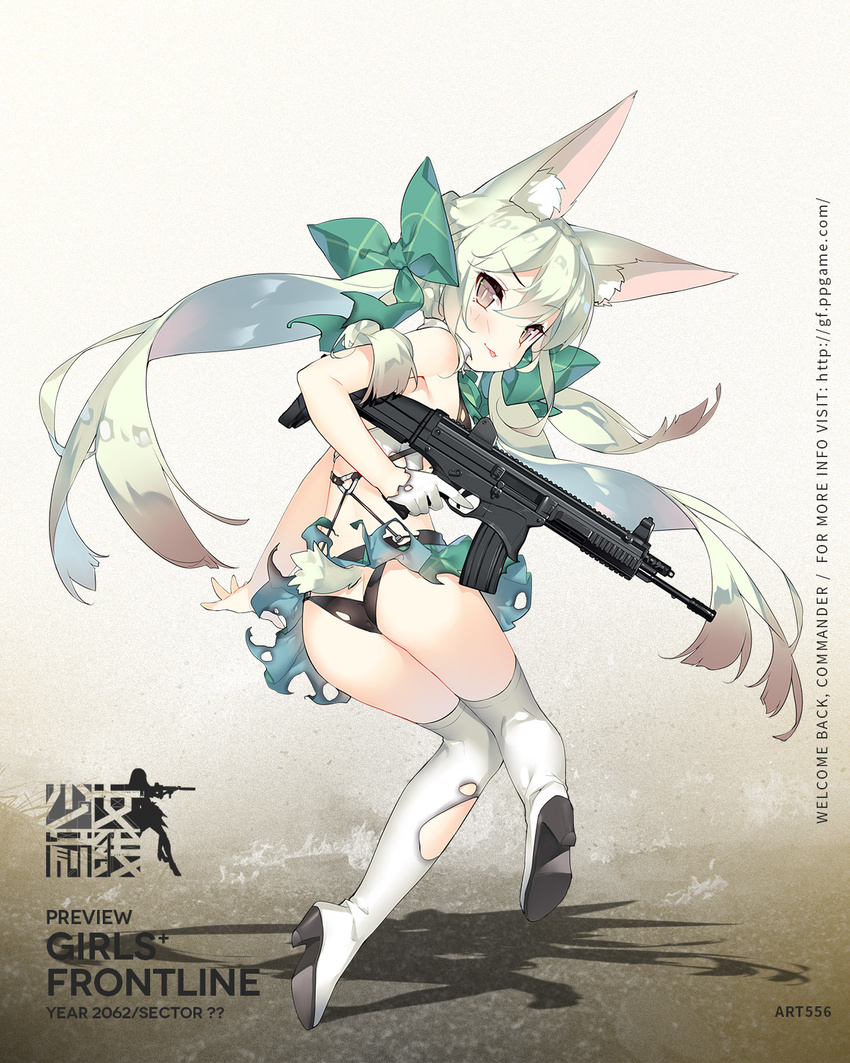 &gt;:) :p animal_ear_fluff animal_ears art556_(girls_frontline) ass assault_rifle bangs black_panties blush boots bow brown_eyes closed_mouth commentary eyebrows_visible_through_hair floating_hair from_behind girls_frontline gloves green_bow green_hair green_ribbon gun hair_between_eyes hair_bow hair_ribbon high_heel_boots high_heels highres holding holding_gun holding_weapon knees_together_feet_apart long_hair looking_at_viewer looking_back object_namesake official_art over-kneehighs panties ribbon rifle saru shadow shiny shiny_hair smile solo taurus_art556 thigh_boots thighhighs thighs tongue tongue_out torn_clothes torn_legwear trigger_discipline twintails underwear v-shaped_eyebrows weapon white_gloves white_legwear
