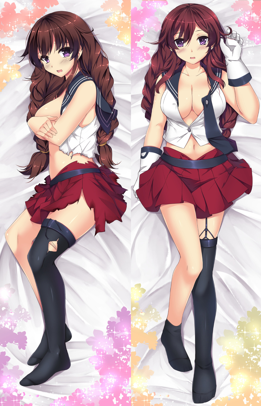 belt black_legwear blanket blush braid breasts brown_hair cleavage commentary covering covering_breasts dakimakura eyebrows_visible_through_hair gloves hair_between_eyes hair_ribbon highres kantai_collection long_hair looking_at_viewer lying medium_breasts multiple_views navel noshiro_(kantai_collection) on_back on_side purple_eyes red_skirt ribbon sailor_collar sheita shirt single_thighhigh skirt thighhighs torn_clothes torn_shirt torn_skirt twin_braids unbuttoned unbuttoned_shirt white_shirt