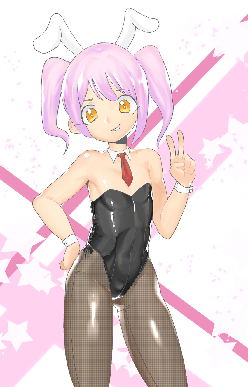 1girl animal_ears bare_shoulders black_bow black_legwear black_leotard bow bunny_ears bunnysuit collarbone covered_navel detached_collar eyebrows_visible_through_hair fake_animal_ears fishnet_pantyhose fishnets flat_chest hand_on_hips hand_up legs_apart leotard loli looking_at_viewer moebell navel original pantyhose pink_background purple_hair red_tie shiny_skin short_hair simple_background smile solo standing star teeth tie twintails v white_background wrist_cuffs yellow_eyes