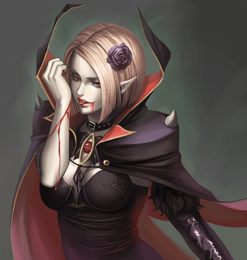bangs banned_artist blonde_hair blood blood_from_mouth blood_on_arm breasts cape choker cleavage flower hair_flower hair_ornament highres large_breasts original pointy_ears red_eyes short_hair simple_background solo swept_bangs vampire yinan_cui