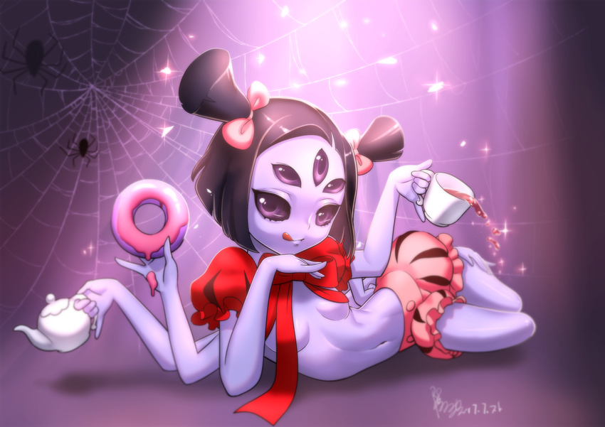 1girl bloomers bow breasts doughnut extra_arms extra_eyes fangs monster_girl muffet purple_eyes purple_skin ribbon spider_girl tea teapot twintails undertale web