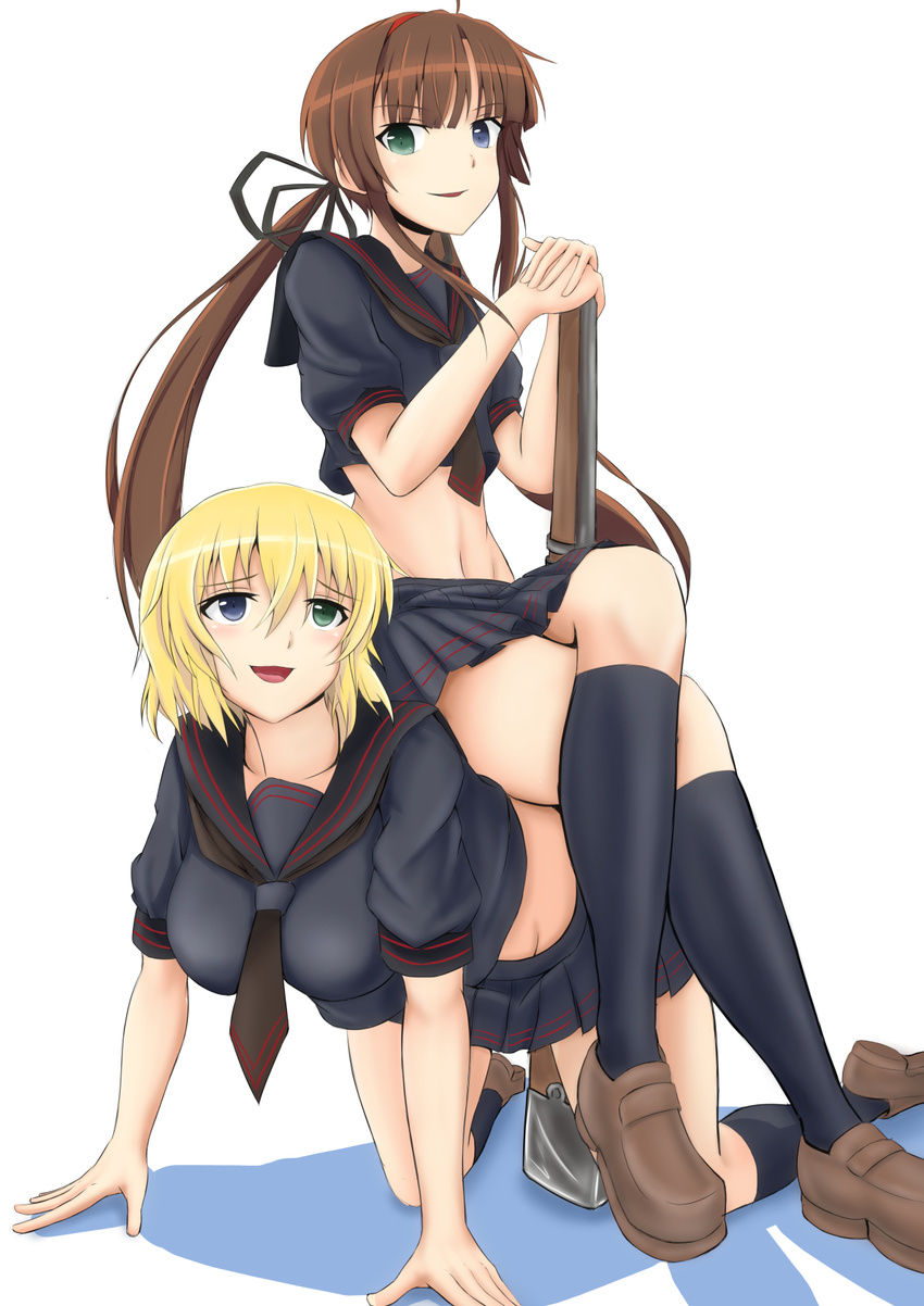 &gt;:) :d all_fours bad_id bad_pixiv_id bangs black_legwear black_serafuku black_skirt blonde_hair blue_eyes blunt_bangs blush breasts brown_hair commentary_request crossed_legs flat_chest furiruno green_eyes groin gun hairband heterochromia highres human_chair human_furniture large_breasts loafers long_hair looking_at_another looking_at_viewer low_twintails multiple_girls navel open_mouth parted_lips pleated_skirt rifle ryoubi_(senran_kagura) ryouna_(senran_kagura) school_uniform senran_kagura senran_kagura_shinovi_versus serafuku shoes short_sleeves siblings sisters sitting sitting_on_person skirt smile socks stomach twintails v-shaped_eyebrows very_long_hair weapon