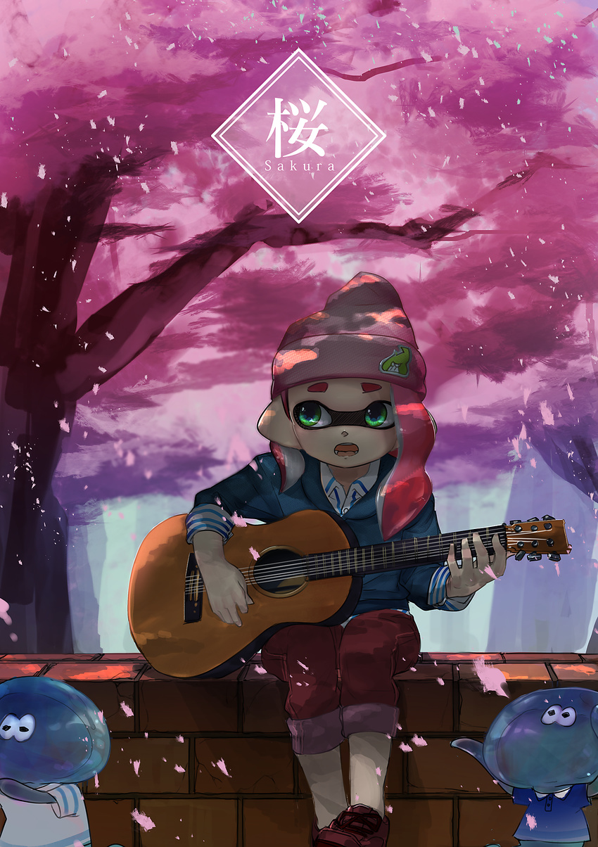 beanie blue_shirt blue_sweater brick_wall casual cherry_blossoms collared_shirt cross-laced_footwear domino_mask fangs green_eyes guitar hat highres holding holding_instrument inkling instrument jellyfish_(splatoon) kanji kashu_(hizake) layered_clothing logo long_hair mask open_mouth pants pink_hair pink_hat pointy_ears red_footwear red_pants romaji shirt shoes sitting sleeves_rolled_up sneakers solo splatoon_(series) splatoon_2 striped striped_shirt sweater tentacle_hair tree