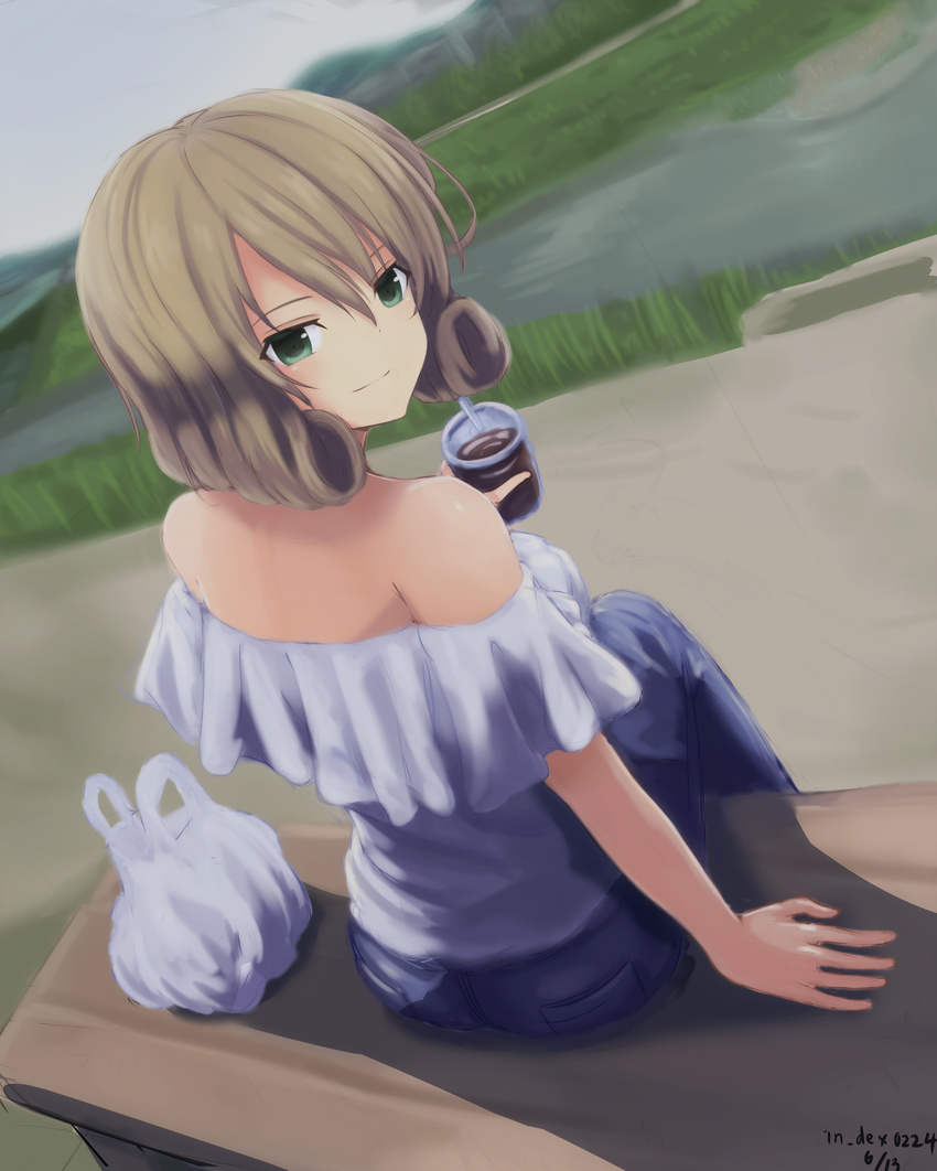 absurdres alternate_costume arm_support bad_id bad_pixiv_id bag bare_shoulders closed_mouth cola commentary_request cup day denim disposable_cup from_above from_behind furiruno green_eyes haruka_(senran_kagura) highres light_brown_hair looking_at_viewer looking_back off-shoulder_shirt outdoors plastic_bag river senran_kagura senran_kagura_shoujo-tachi_no_shin'ei shirt short_hair smile soda solo