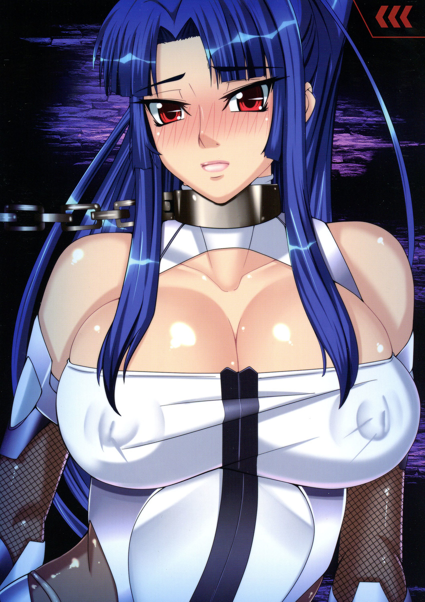 00s 1girl bare_shoulders blue_hair blush bodysuit breasts collar elbow_gloves female fishnets gloves highres huge_breasts lips long_hair looking_at_viewer nipples ponytail r-wade red_eyes skin solo sweat taimanin_(series) taimanin_asagi taimanin_murasaki yatsu_murasaki