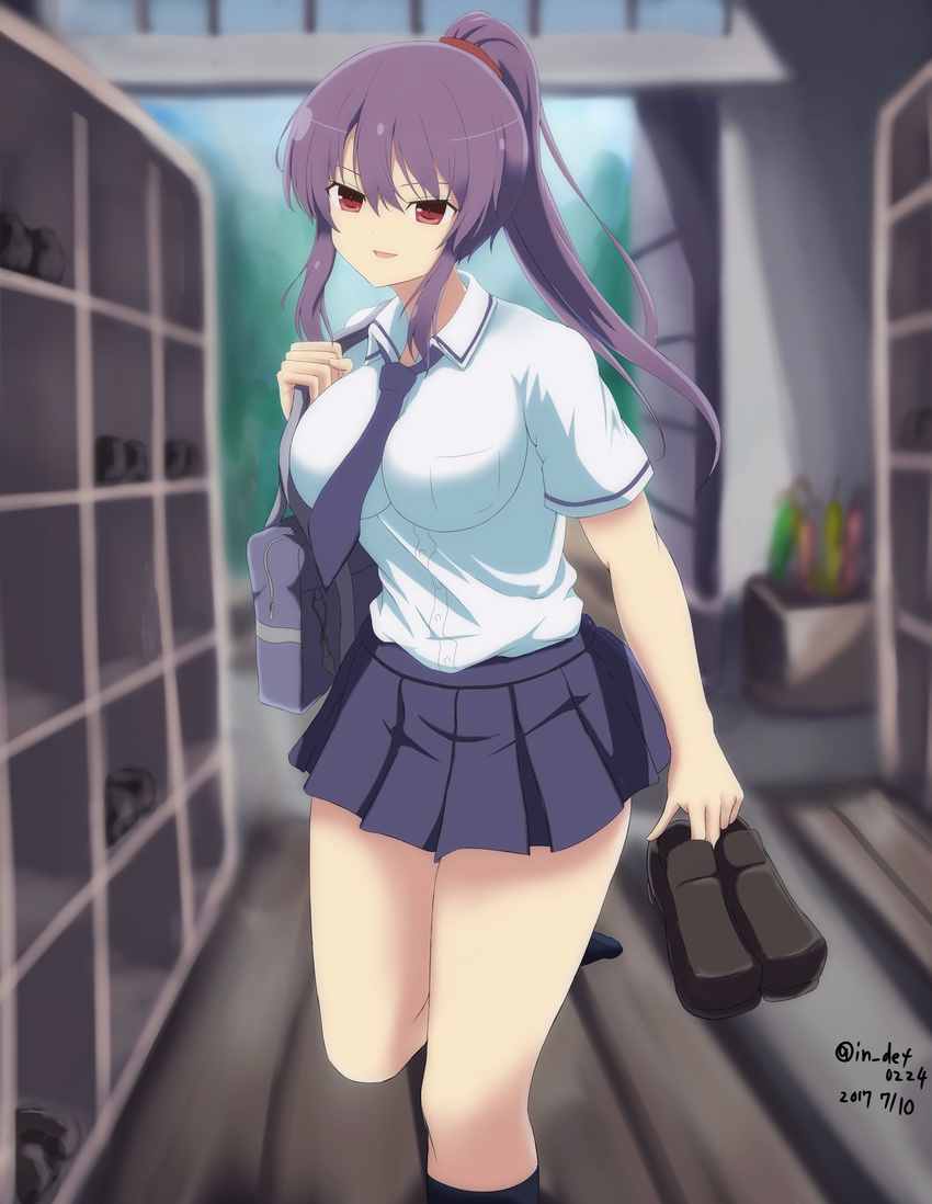 &gt;:) absurdres bad_id bad_twitter_id bag bangs black_skirt blurry breasts commentary_request cowboy_shot depth_of_field furiruno highres impossible_clothes large_breasts leg_up long_hair looking_at_viewer parted_lips pleated_skirt ponytail purple_hair red_eyes school_bag school_uniform senran_kagura senran_kagura_burst shoe_locker shoes_removed short_sleeves skirt smile solo suzune_(senran_kagura) v-shaped_eyebrows younger