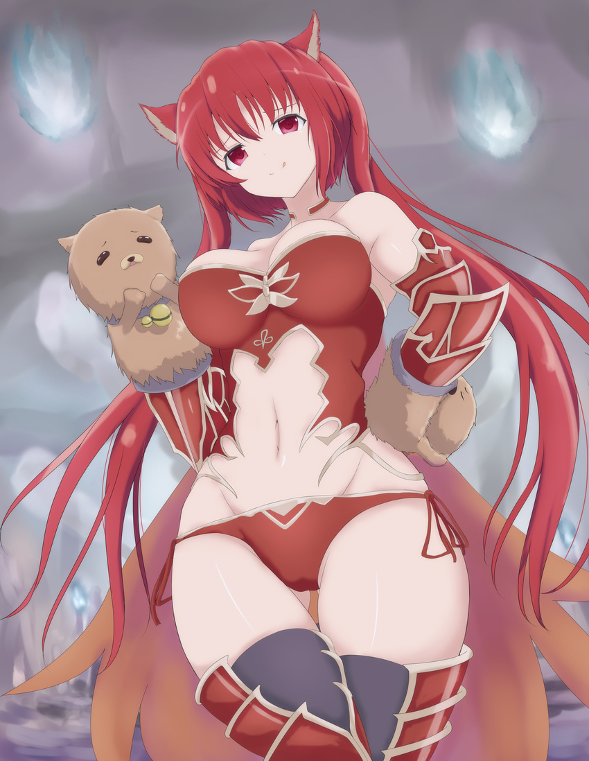 :q absurdres animal_ears ass_visible_through_thighs bad_id bad_pixiv_id bangs bare_shoulders black_legwear breasts cerberus_(shingeki_no_bahamut) commentary_request dog_ears furiruno groin hand_on_hip hand_puppet highres large_breasts long_hair looking_at_viewer navel panties puppet red_eyes red_hair red_panties shingeki_no_bahamut side-tie_panties solo stomach thigh_gap thighhighs tongue tongue_out twintails underwear very_long_hair