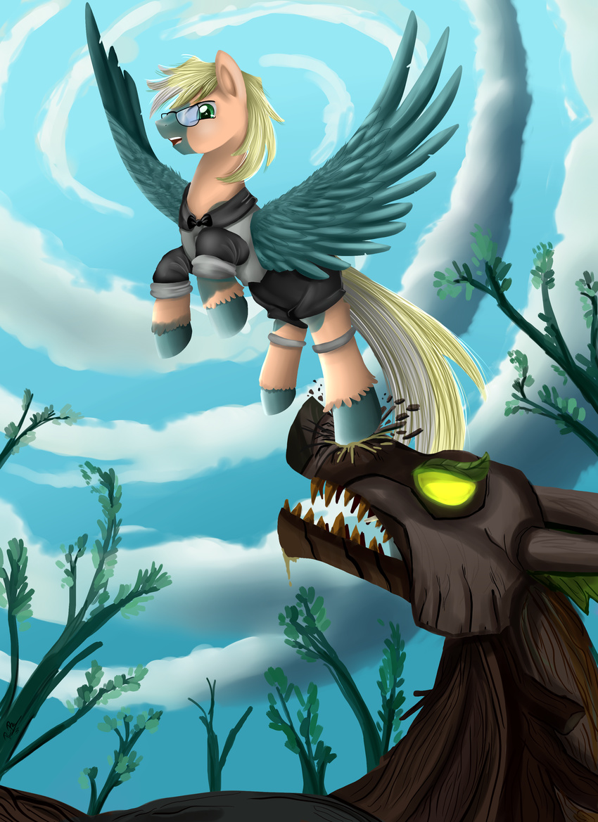 blonde_hair clothed clothing day detailed_background duo equine eyewear fan_character feathered_wings feathers glasses green_eyes hair mammal my_little_pony open_mouth outside pegasus pridark smile teeth timberwolf wings