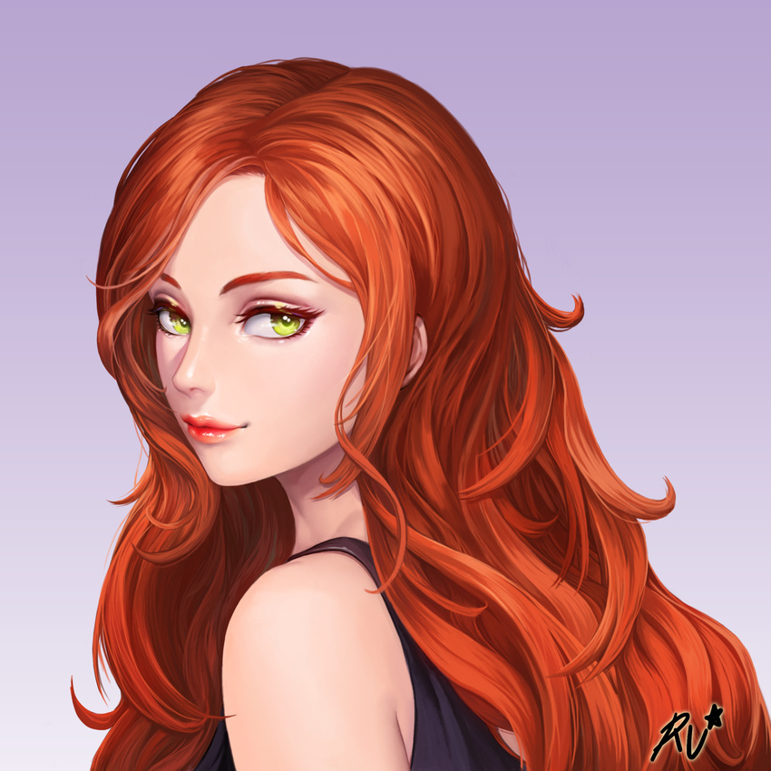bangs bare_shoulders closed_mouth commentary from_side gradient gradient_background green_eyes highres long_hair looking_at_viewer original realistic red_hair signature smile solo swept_bangs upper_body w_ruwaki