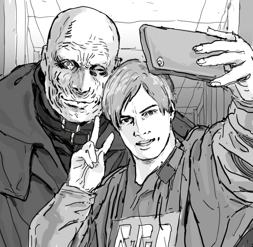 2boys ;) bald cellphone greyscale highres leon_s_kennedy looking_at_viewer monochrome monster mr._x multiple_boys one_eye_closed phone police police_uniform pose resident_evil resident_evil_2 self_shot smartphone smile taking_picture trench_coat tyrant uniform v