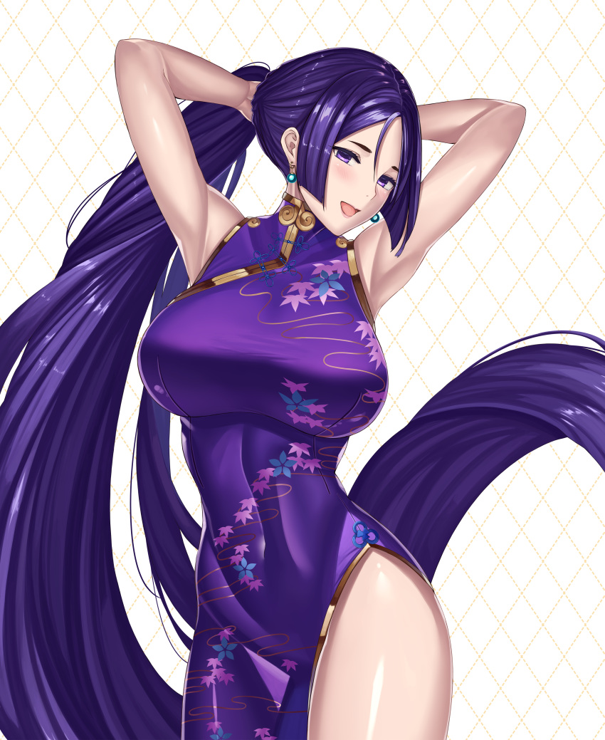 1girl absurdres armpits arms_behind_head arms_up bangs bare_shoulders blush breasts china_dress chinese_clothes closed_mouth covered_navel dress earrings fate/grand_order fate_(series) floral_print hair_between_eyes highres hips jewelry large_breasts long_hair looking_at_viewer minamoto_no_raikou_(fate/grand_order) open_mouth parted_bangs purple_dress purple_eyes purple_hair simple_background smile solo takinashi_(friend_coffee) very_long_hair white_background