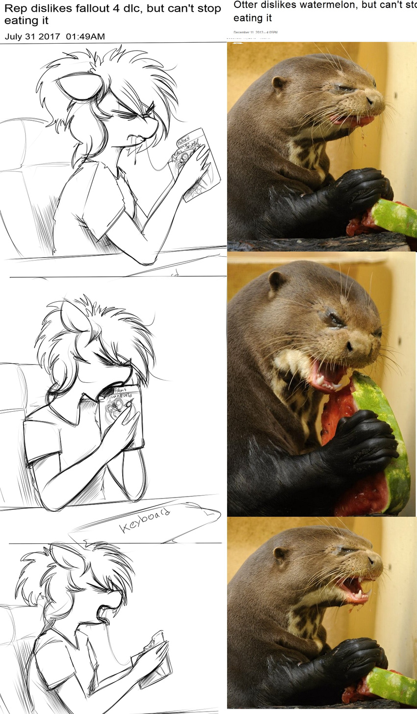 2017 anthro comic eating equine fallout fan_character fangs female food fruit horse mammal melon mustelid my_little_pony otter pony replica_(artist) replica_(oc) saliva video_games watermelon