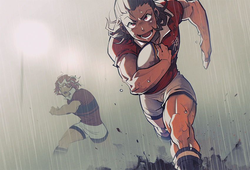:d all_out!! brown_hair carrying carrying_under_arm dark_skin dark_skinned_male hair_slicked_back kneehighs knees looking_at_another male_focus motojima_hakka mud multicolored_hair multiple_boys muscle noka_taihei open_mouth rain red_eyes red_hair rugby_ball rugby_uniform running sekizan_takuya shorts smile sportswear streaked_hair thighs uniform v-shaped_eyebrows white_shorts