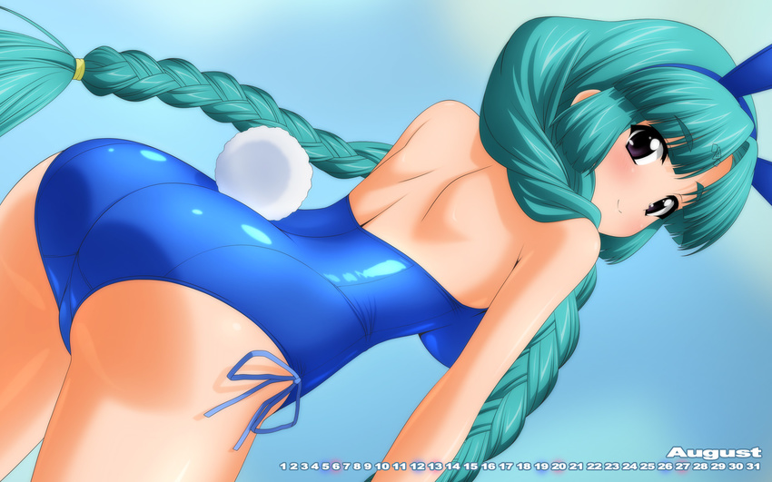 aqua_hair ass august blue_background blue_leotard blush braid breasts bunny_girl bunny_tail bunnysuit calendar_(medium) canal_vorfeed cleavage cowboy_shot detached_collar detached_sleeves facial_mark forehead_mark green_hair highres large_breasts leotard long_hair looking_at_viewer looking_back lost_universe purple_eyes shiny shiny_clothes shiny_hair shiny_skin simple_background smile solo sugimura_tomokazu tail twin_braids