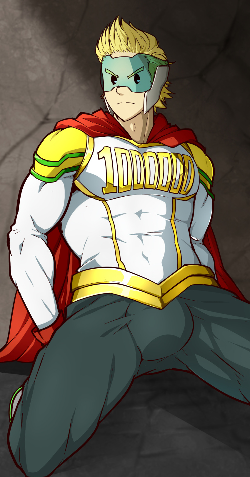 1boy bara blonde_hair boku_no_hero_academia bulge crotch glasses kuroshinki male_focus muscle pecs solo toogata_mirio