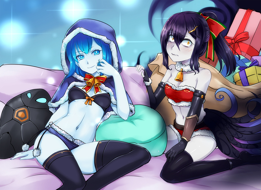 bell bell_collar blue_eyes blue_hair blue_skin blush christmas christmas_ornaments collar commentary_request elbow_gloves genderswap genderswap_(mtf) gift gloves league_of_legends multiple_girls nam_(valckiry) nocturne_(league_of_legends) personification pillow purple_hair sack sarcophagus short_hair thighhighs xerath
