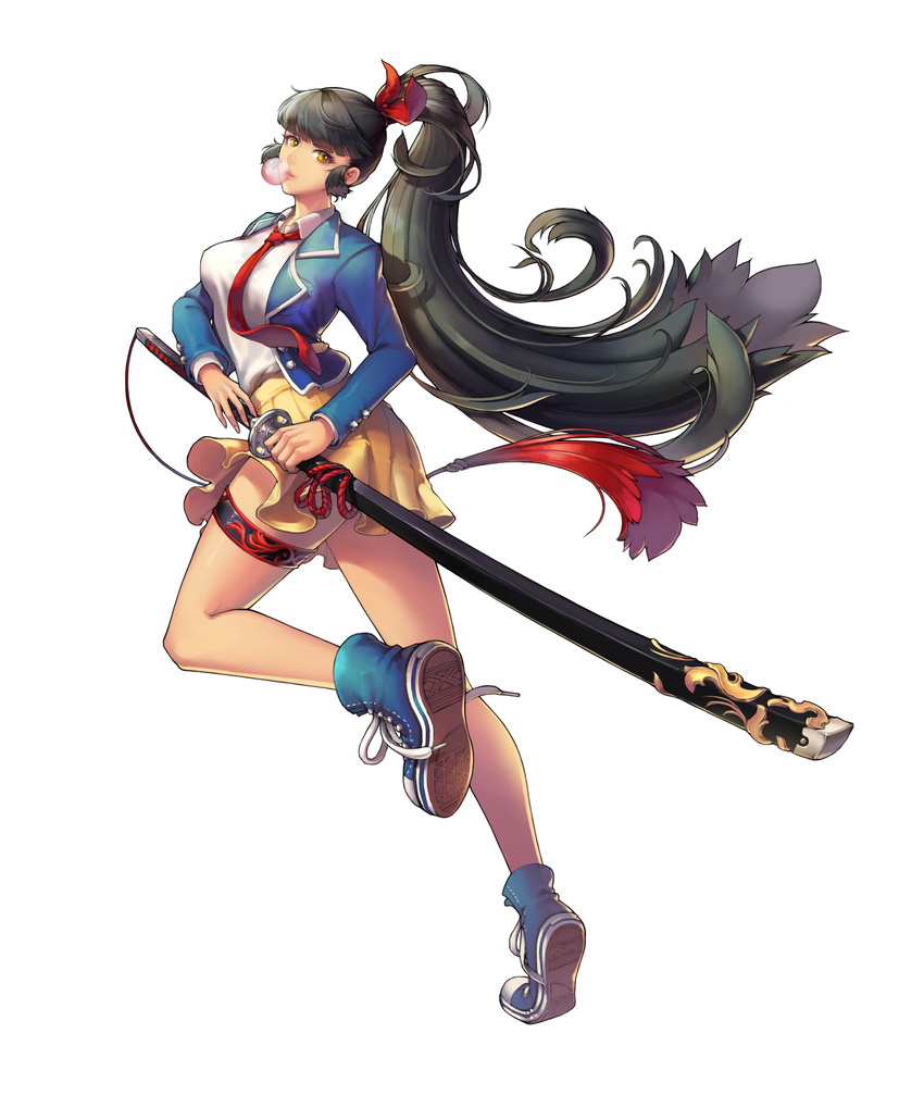 black_hair blue_footwear blue_jacket bow breasts brown_eyes chewing_gum full_body hair_bow highres jacket katana long_hair looking_at_viewer majo medium_breasts necktie ponytail red_bow red_neckwear sheath shoes skirt sneakers solo standing standing_on_one_leg sword thigh_strap twisted_torso weapon yellow_skirt