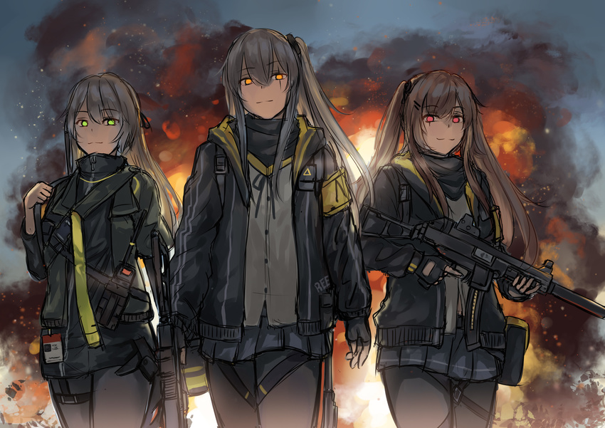 absurdres brown_hair commentary_request eotech explosion girls_frontline green_eyes grey_hair gun h&amp;k_ump hair_ornament hairclip heckler_&amp;_koch highres ina_(inadiary) jacket long_hair multiple_girls one_side_up orange_eyes pantyhose red_eyes scar scar_across_eye skirt smile submachine_gun trigger_discipline twintails ump40_(girls_frontline) ump45_(girls_frontline) ump9_(girls_frontline) walkie-talkie weapon