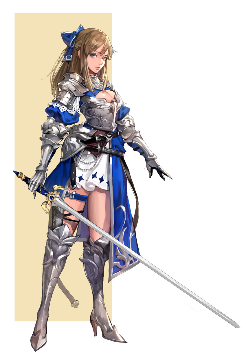 armor belt blue_bow boots bow breasts brown_hair cleavage full_body gauntlets greaves grey_eyes hair_bow high_heel_boots high_heels highres holding holding_sword holding_weapon looking_at_viewer majo medium_breasts original puffy_sleeves solo standing sword thigh_strap weapon white_background