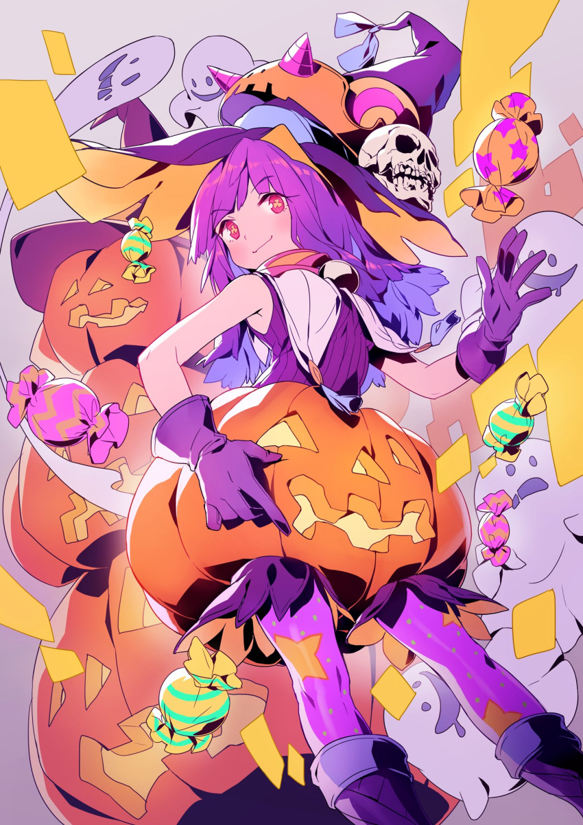 1girl bad_id bad_twitter_id candy closed_mouth eyebrows_visible_through_hair feet_out_of_frame food ghost gloves hand_up hat highres jack-o'-lantern jack-o'-lantern lee_hyeseung long_hair looking_at_viewer original pantyhose pink_legwear pumpkin purple_gloves purple_hair purple_hat red_eyes skull smile solo witch_hat