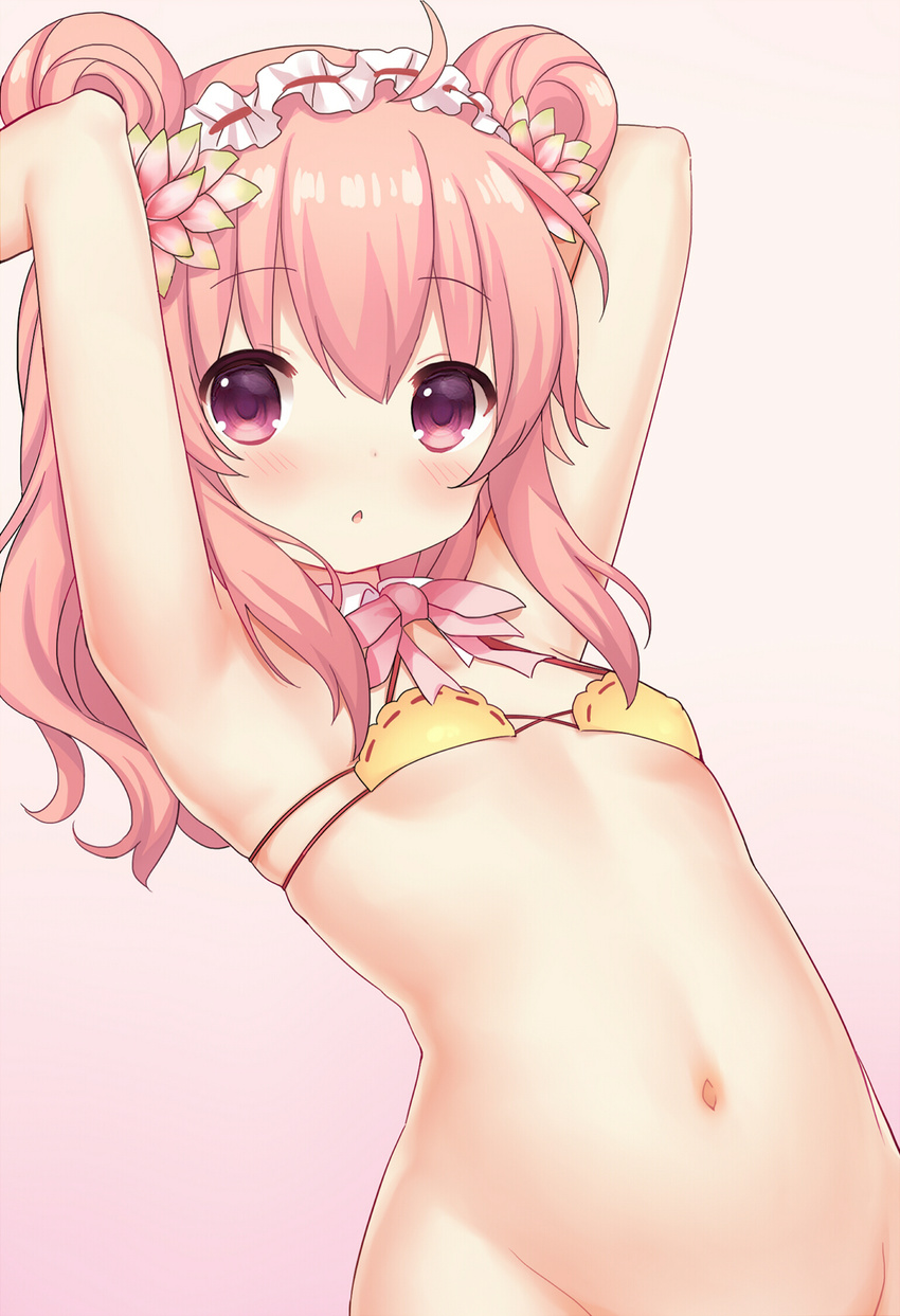 ahoge armpits arms_up bikini bikini_top blush bottomless chestnut_mouth covered_nipples curcuma_(flower_knight_girl) detached_collar double_bun eyebrows_visible_through_hair flower flower_knight_girl frills hair_between_eyes hair_flower hair_ornament hairband highres long_hair looking_at_viewer multi-strapped_bikini navel out-of-frame_censoring parted_lips pink_background pink_eyes pink_hair shiodome_oji skindentation solo swimsuit upper_body yellow_bikini_top