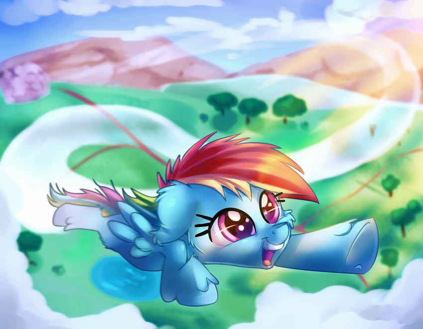 2017 cloud equine feathered_wings feathers female feral flying friendship_is_magic hair landscape mammal multicolored_hair multicolored_tail my_little_pony outside pegasus purple_eyes rainbow_dash_(mlp) rainbow_hair rainbow_tail sky smile solo thediscorded tree wings young