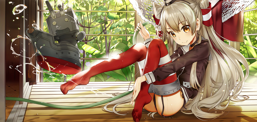 amatsukaze_(kantai_collection) black_panties black_shirt brown_eyes el-zheng garter_straps hair_tubes highres hose kantai_collection long_hair long_sleeves panties plantar_flexion red_legwear rensouhou-kun sailor_collar shirt side-tie_panties silver_hair sitting smile thighhighs two_side_up underwear white_sailor_collar windsock