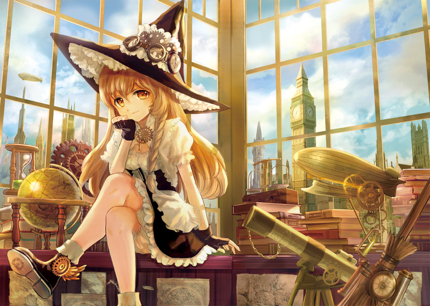 aircraft blonde_hair book boots braid broom chin_rest clock clock_tower cloud commentary_request day dirigible dress elizabeth_tower fingerless_gloves gears globe gloves hat hourglass keiko_(mitakarawa) kirisame_marisa long_hair looking_at_viewer sitting smile solo steampunk telescope touhou tower window witch_hat yellow_eyes zeppelin