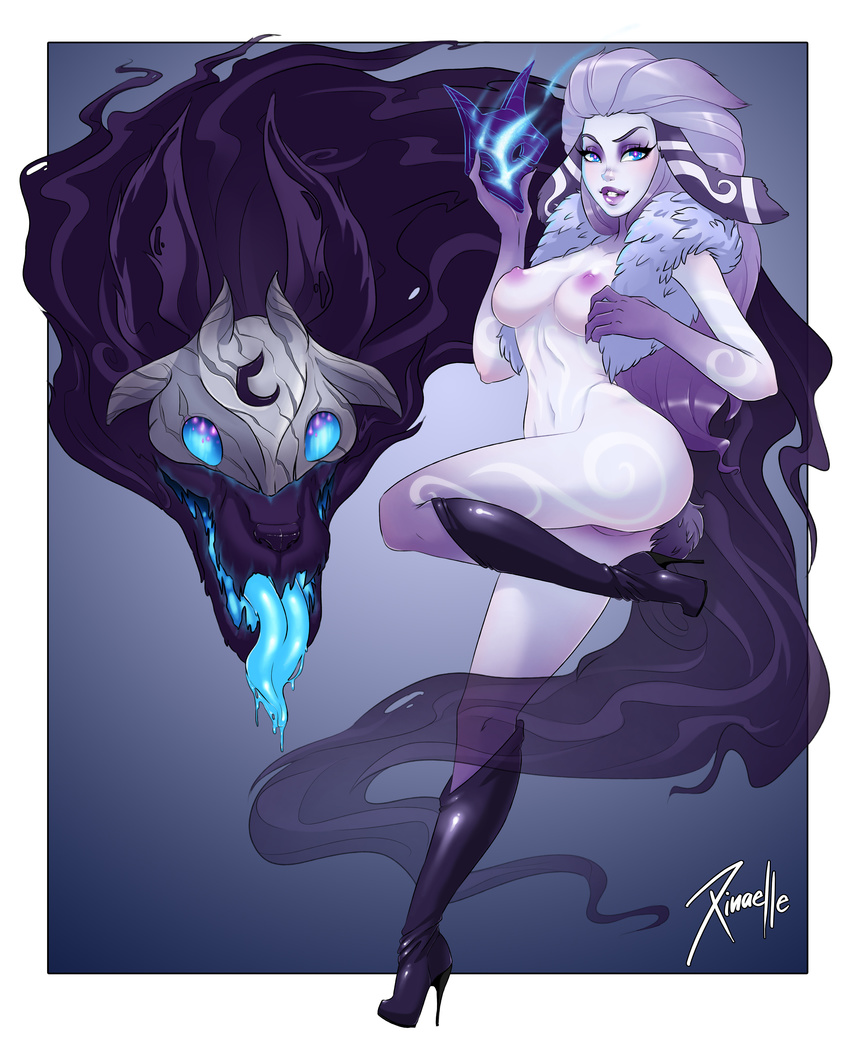 2017 5_fingers absurd_res areola blue_eyes breasts butt canine clothing duo female fingers footwear fur glowing glowing_eyes hair hi_res high_heels humanoid kindred_(lol) lamb_(lol) league_of_legends mammal mask monster_girl_(genre) nude open_mouth purple_fur riot_games shoes simple_background spirit tongue tongue_out video_games white_fur white_hair wolf wolf_(lol) xinaelle