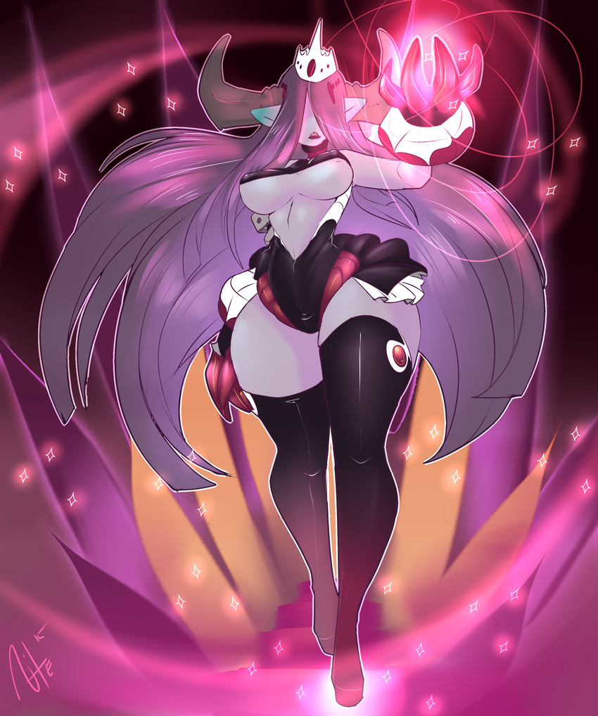 absurd_res big_breasts breasts clothed clothing demon female hair hair_over_eye hi_res horn humanoid long_hair magic nipple_bulge nite rubber solo standing thick_thighs wide_hips