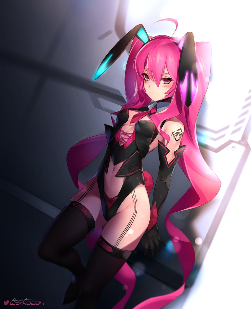 absurdly_long_hair against_wall ahoge animal_ears black_gloves black_legwear blurry blush bokeh breasts bunny_ears bunny_girl bunny_tail bunnysuit cleavage_cutout closed_mouth depth_of_field dutch_angle elbow_gloves fake_animal_ears fu-mi.a gloves grace_(sound_voltex) hair_between_eyes hairband highres leg_up leotard long_hair looking_at_viewer mini_necktie navel navel_cutout pink_eyes pink_hair small_breasts solo sound_voltex tail tattoo thighhighs very_long_hair