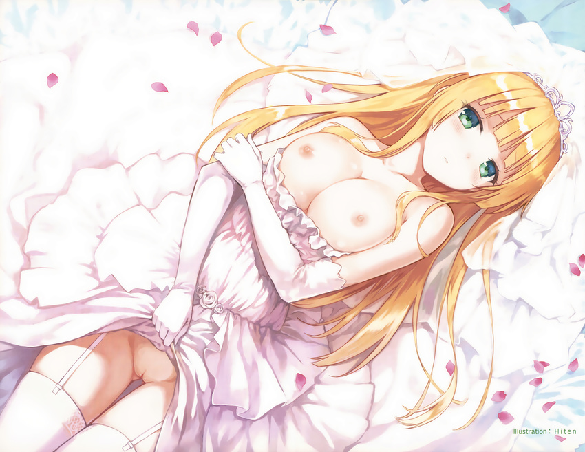 absurdres artist_name ass_visible_through_thighs bangs bare_shoulders blonde_hair blunt_bangs breasts bridal_veil comic_aun cowboy_shot dress dress_pull dutch_angle elbow_gloves eyebrows_visible_through_hair garter_straps gloves green_eyes head_tilt highres hiten_(hitenkei) large_breasts long_hair lying nipples no_panties non-web_source on_back parted_lips petals pussy scan sidelocks solo thighhighs tiara uncensored veil wedding_dress white_gloves white_legwear