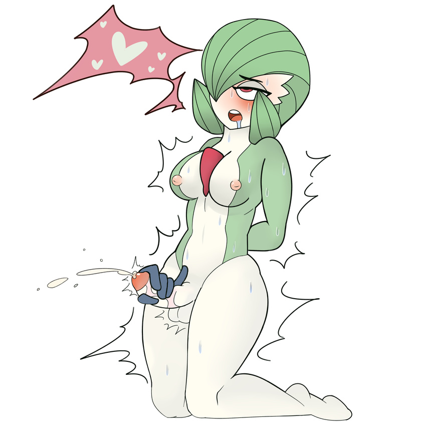 1girl absurdres ahegao arms_behind_back blush breasts cum disembodied_limb drooling ejaculation erection eyebrows_visible_through_hair feet futanari gardevoir green_hair hair_over_one_eye half-closed_eyes handjob heart kneeling large_breasts looking_up lotion m0n1e navel nipples no_humans open_mouth penis pokemon pokemon_(creature) pokemon_rse red_eyes saliva short_hair simple_background solo spoken_heart sweat teeth testicles trembling uncensored white_background