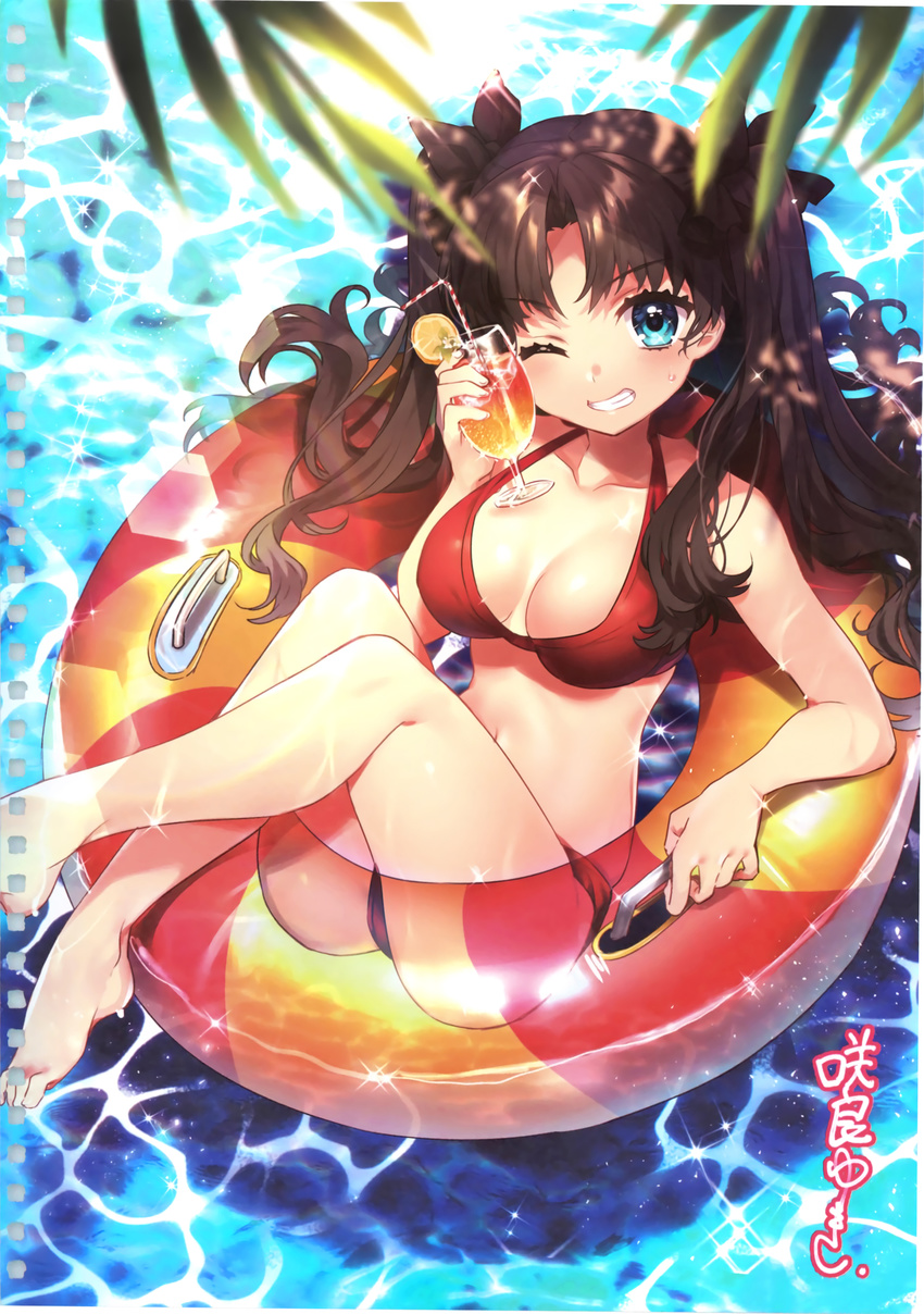 absurdres artist_name bare_legs barefoot bikini blue_eyes blurry bow breasts brown_hair collarbone crossed_legs day depth_of_field drink eyebrows_visible_through_hair fate/stay_night fate_(series) food from_above fruit grin hair_bow halterneck highres innertube long_hair looking_at_viewer medium_breasts navel non-web_source one_eye_closed orange orange_slice outdoors reclining red_bikini sakura_yuki_(clochette) scan signature smile solo sparkle sweatdrop swimsuit toosaka_rin two_side_up water