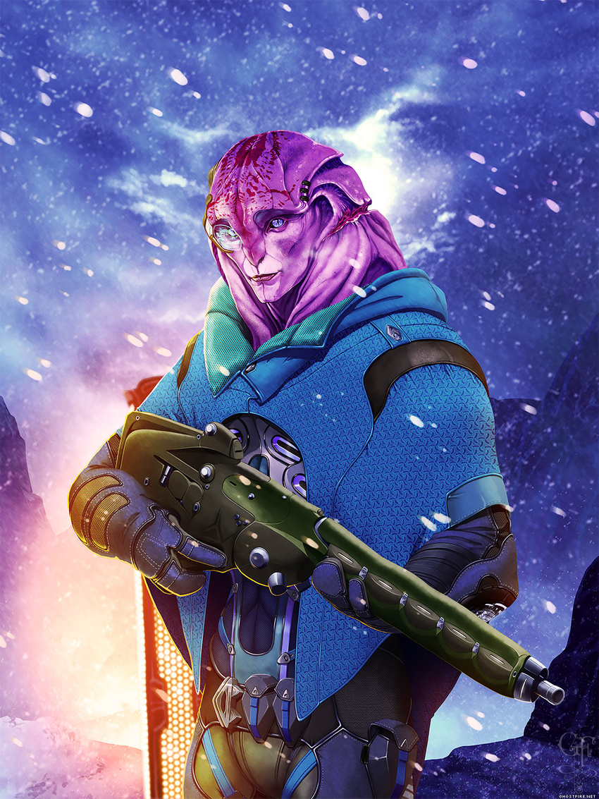 alien angara blue_eyes cape clothed clothing fully_clothed furgonomics furry-specific_piercing ghostfire gun humanoid jaal_ama_darav looking_at_viewer male mass_effect not_furry outside piercing purple_skin ranged_weapon scar slit_pupils smile snow solo video_games weapon