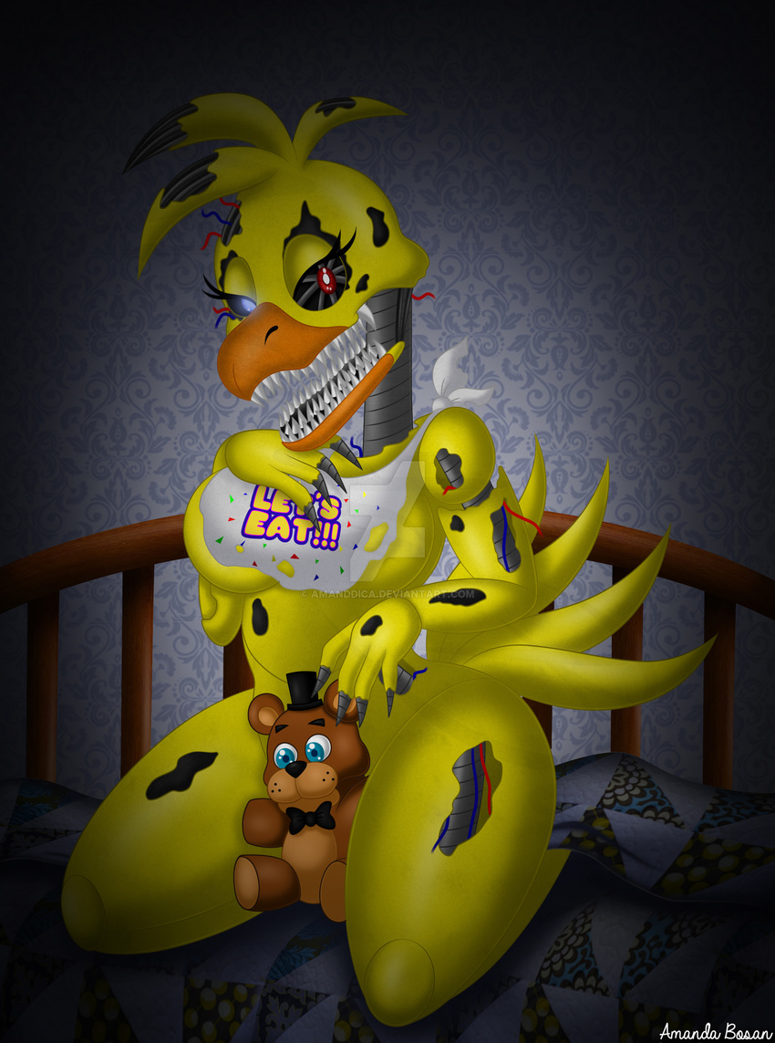 1girl apron bed breasts chicken female five_nights_at_freddy's five_nights_at_freddy's_4 kneel looking_at_viewer nightmare_chica robot solo tail teddy_bear teeth yellow_skin
